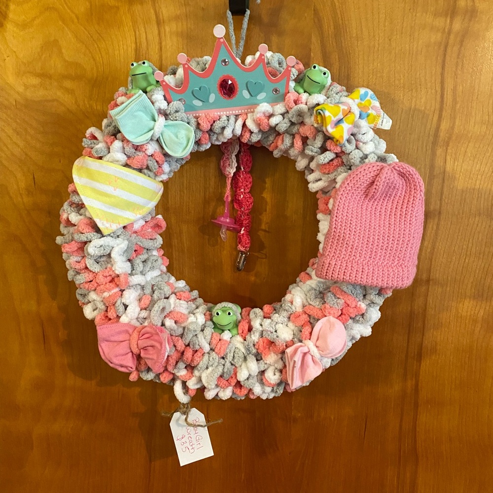 Handmade Wreath Baby Girl. Socks, Washcloth, Toys, Paci w/ Clip, Bib, Hat